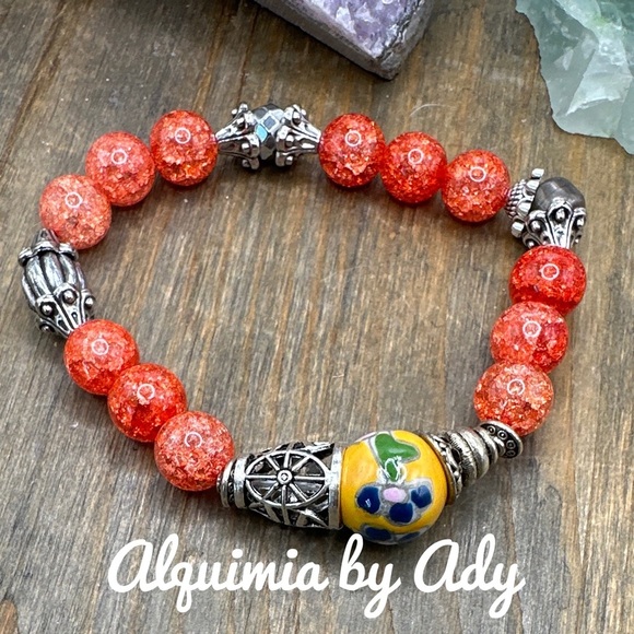 Crackled Quartz chunky beaded bracelet in Tangerine color - Picture 1 of 3